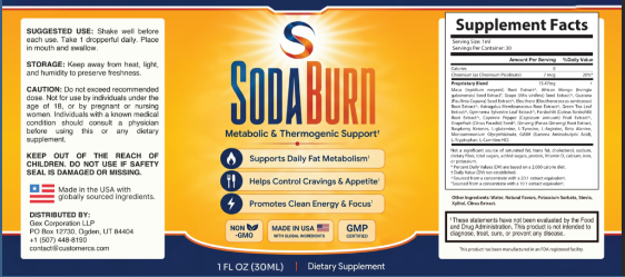 SodaBurn Metabolic & Thermogenic Support supplement facts label and suggested use