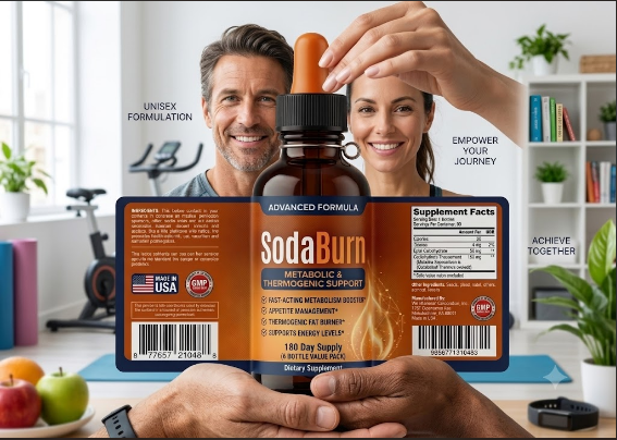 Man and woman holding SodaBurn thermogenic support drops, unisex formulation